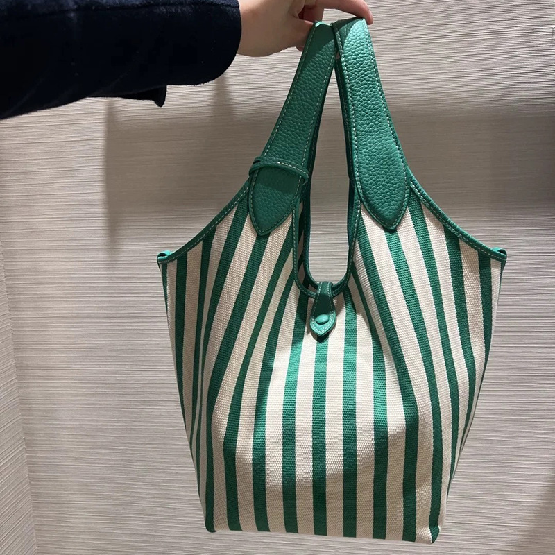 Free shipping designer bag 2025 New Vertical Striped Fashion Large Capacity Canvas Bag Ins Style Simple Letter Commuter Tote Bag Shoulder Bag