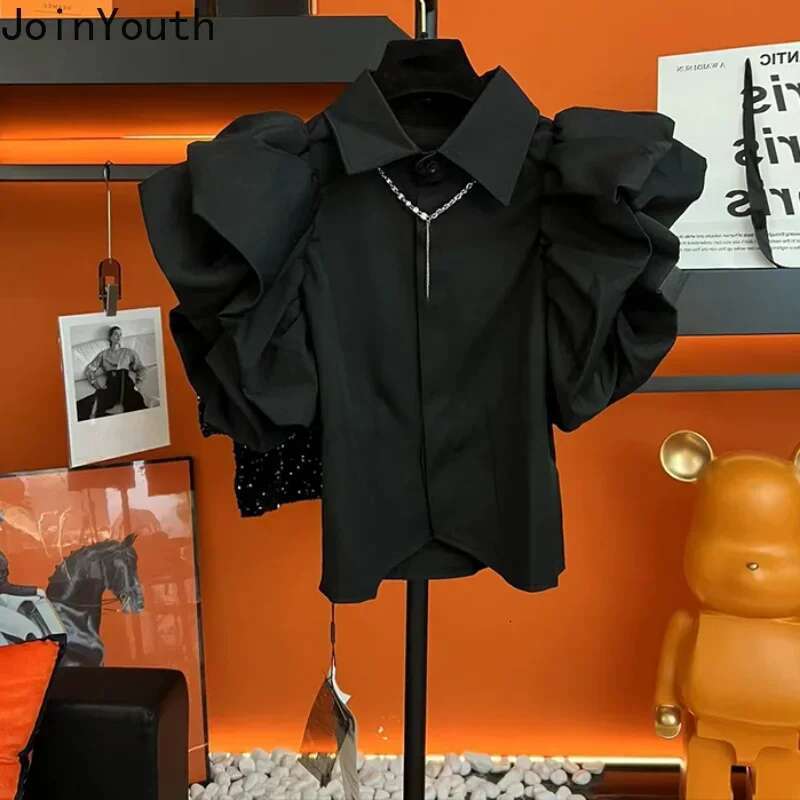 Temperament Women Tops Black Slim Fit Blouses Turndown Collar Puff Sleeve Chic Black Shirts Fashion Summer 2025 Camisas De Mujer