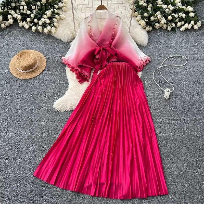 Skirt Suit Two Piece Sets Womens Outfits Roupas Femme Bandage Gradient Ruffles Tops High Waist Pleated Long Skirts Elegant Set