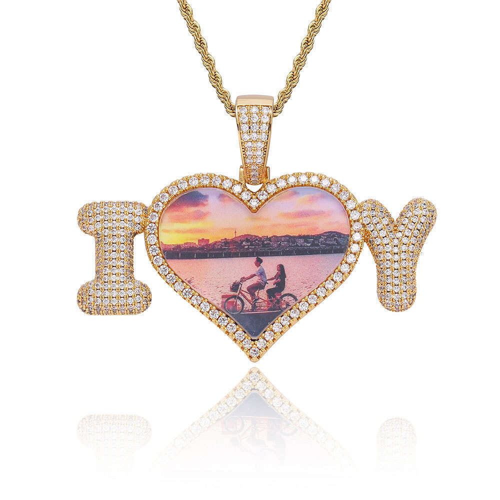 Hip Hop Personality DIY Bubble Letter Splicing Heart Pendant Micro Paved Zircon Photo Frame Men's Necklace 0211