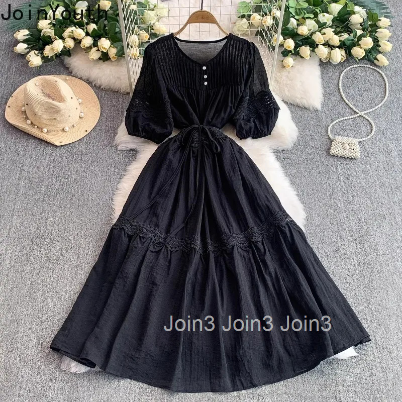 2025 Vestidos De Mujer Summer Dress for Women Slim Waist Patchwork Lace Robe Femme Lantern Sleeve O-neck Tunic Vintage Dresses