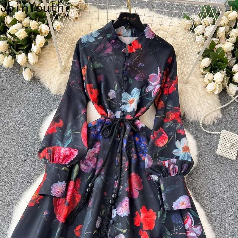 Maxi Dress Women Floral Single Breasted Big Swing Tunic Robe Femme Bandage Stand Vintage Summer Dresses 2025 Vestidos De Mujer