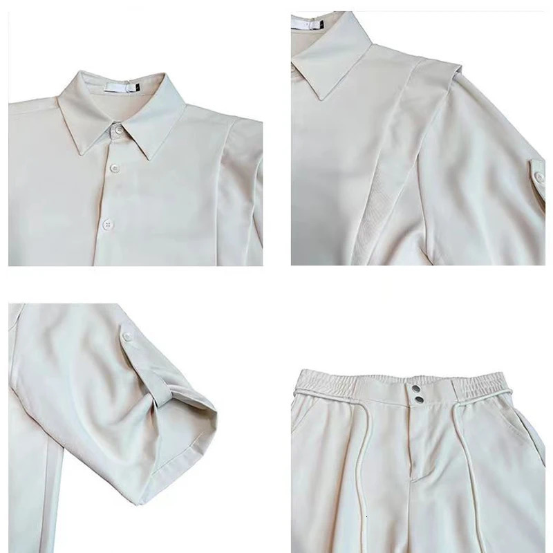 Summer Ice Silk Mens Suits Casual Short Sleeve Shirt And Pants Two-piece Set Ruffled Handsome Draped Korean Style Loose Set 250619