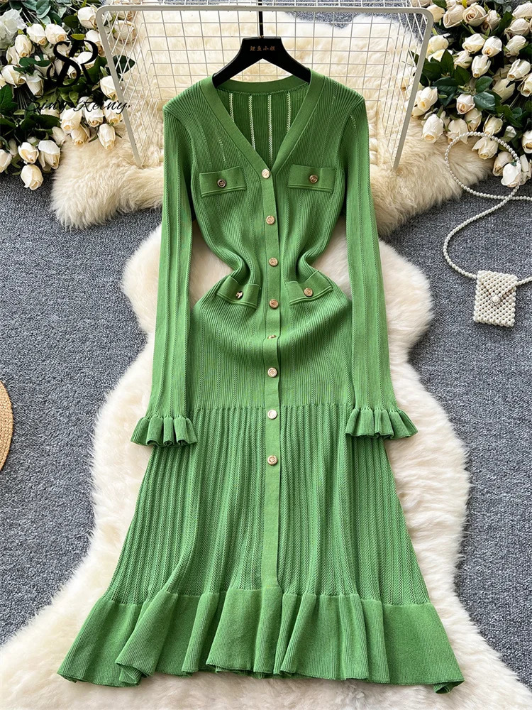 SINGREINY Autumn Office Lady Long Dress Women Winter V Neck Long Sleeves Chic Button Ruffles Sweet Streetwear Knitted Dress 250617