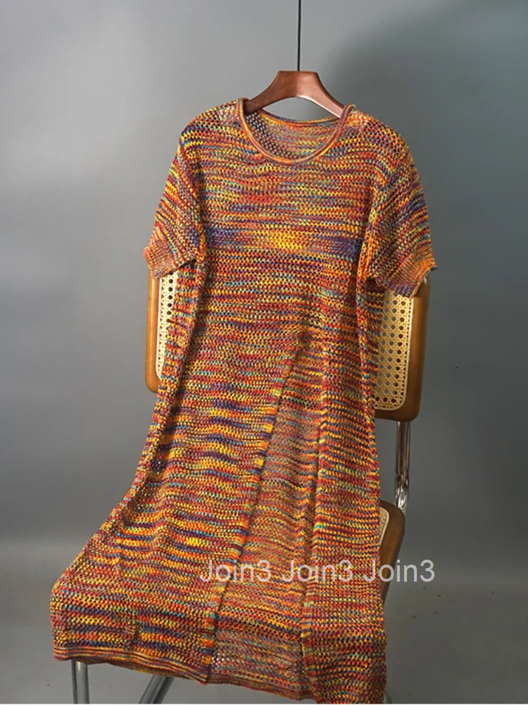 Knitted Dresses for Women Korean Summer Robe Femme 2025 Vestidos De Mujer Short Sleeve Split Hollow Out Thin Fashion Y2k Dress