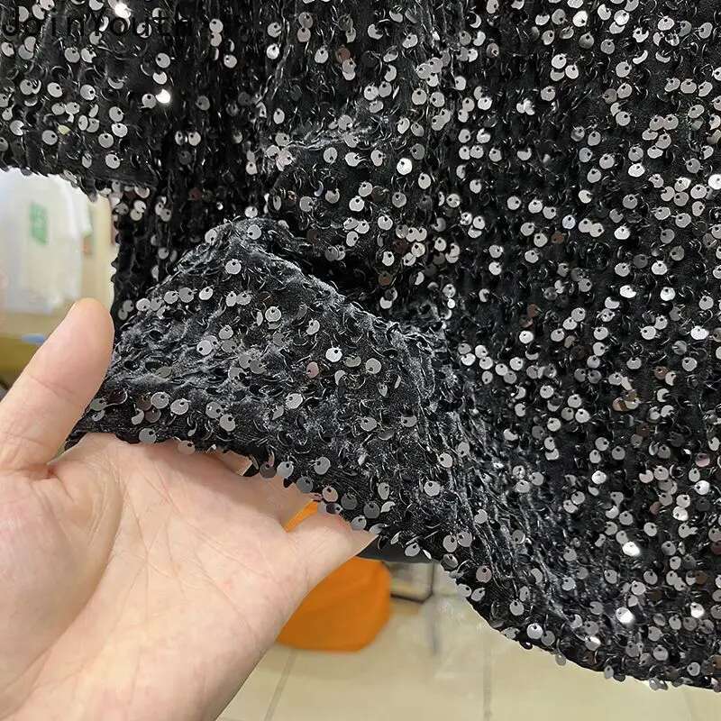 2025 Shirts for Women Korean T-shirts Short Sleeve O-neck Loose Tees Chic Temperament Sequined T Shirts Black Summer Crop Tops