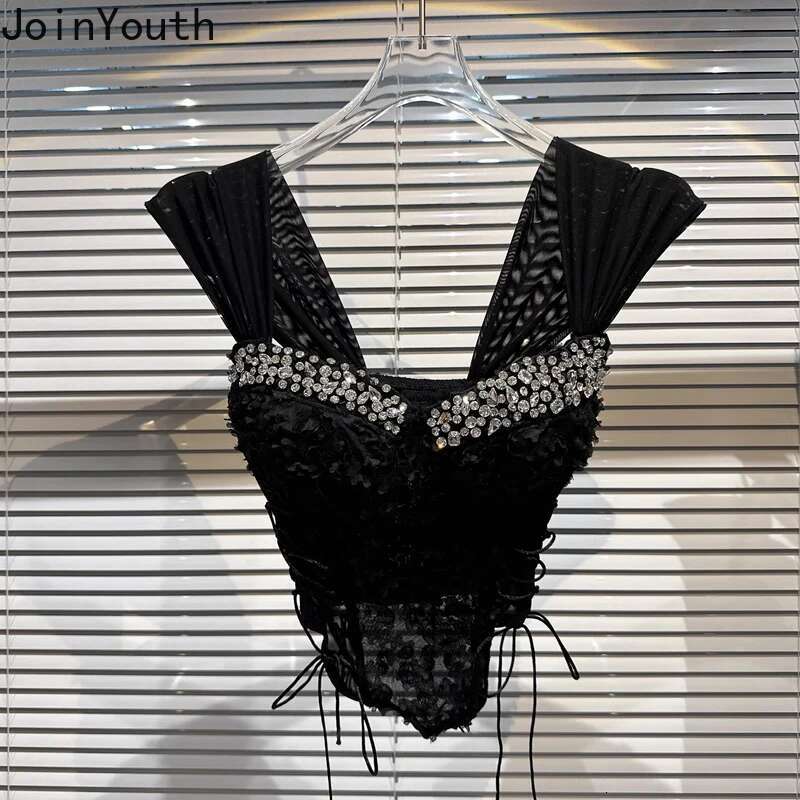 Womens Clothing Crop Tops Sexy Vest Temperament Camis Gauze Bandage Slim Waist Folds Diamond Tanks Fashison Summer Y2k Tops