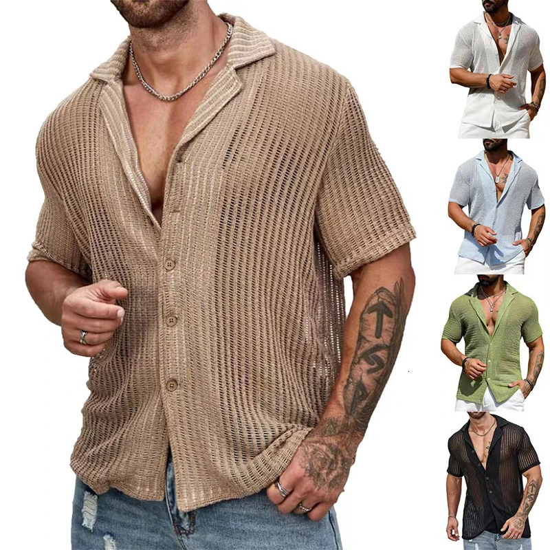 Summer Knitted Mens Polo Shirts Slim Button Lapel Short Sleeve Cardigan Tee Men Polos Fashion Solid Color Hollow Breathable Top 250619
