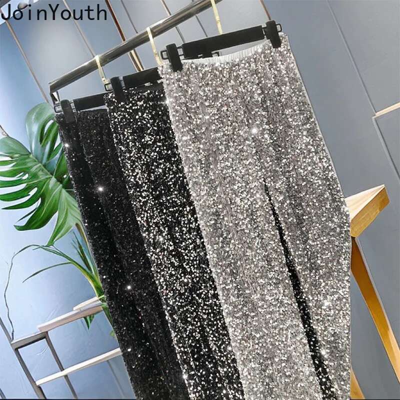 Heavy Sequin Wide Leg Pants Womens Clothing 2025 New Bottoms High Waist Tunic Straight Pantalon Femme Fashion Korean Trousers