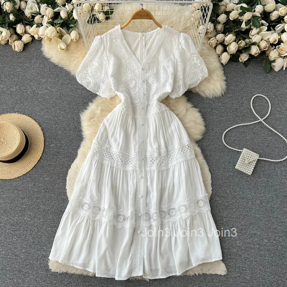 Summer Dress for Women Sweet Puff Sleeve V-neck Tunic Roe Femme Vintage Hollow Out A-line White Dresses 2025 Vestidos De Mujer