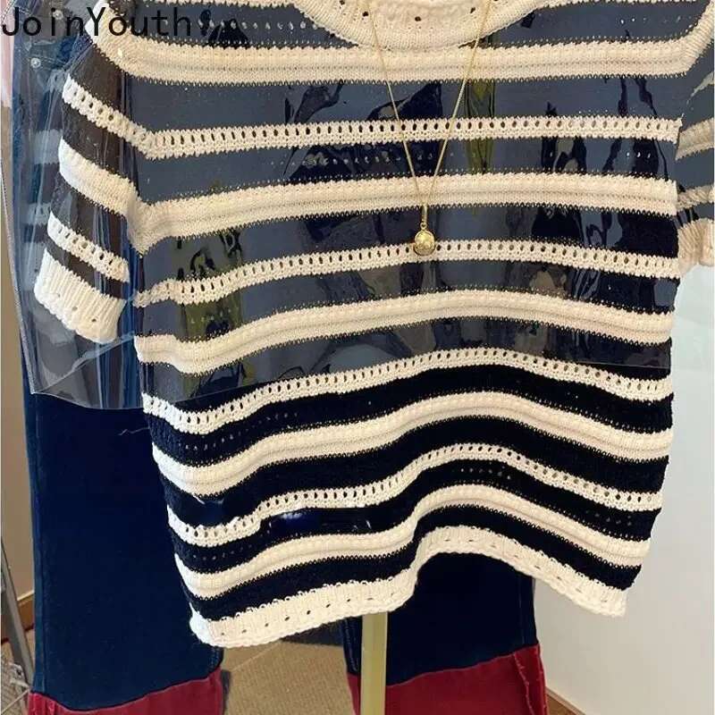 Striped Tshirts Women Clothing O-neck Short Sleeve Summer Tees Fashion Hollow Out Knitted Casual T Shirts Tops 2025 Ropa Mujer