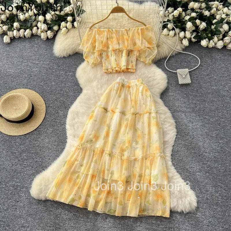 Sweet Two Piece Sets 2025 Women Clothing Slash Neck Puff Sleeve Crop Tops High Waist Big Swing Skirt Outfits Summer Print Suit