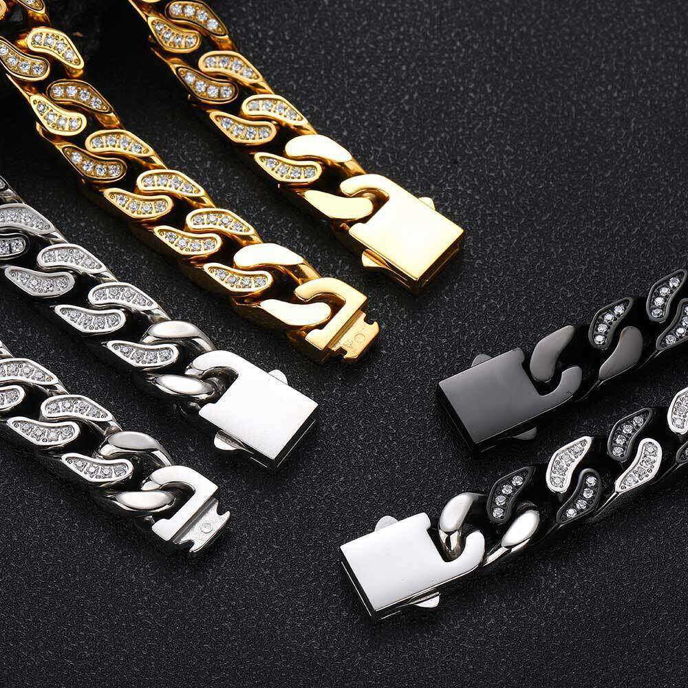 CNC Inlaid Dia 12mm Stainless Hip Hop Four-Sided Full Zircon Cuban Chain Titanium Steel Necklace cce6