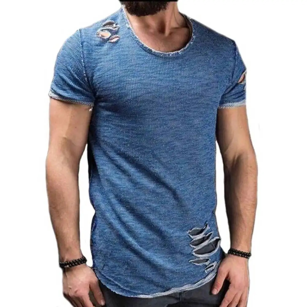 Trendy T-Shirt O-Neck Ripped Hole Distressed Short Sleeve Mens Tshirts Youth Hip Hop Streetwear Casual Tops Tees Camisetas 250616