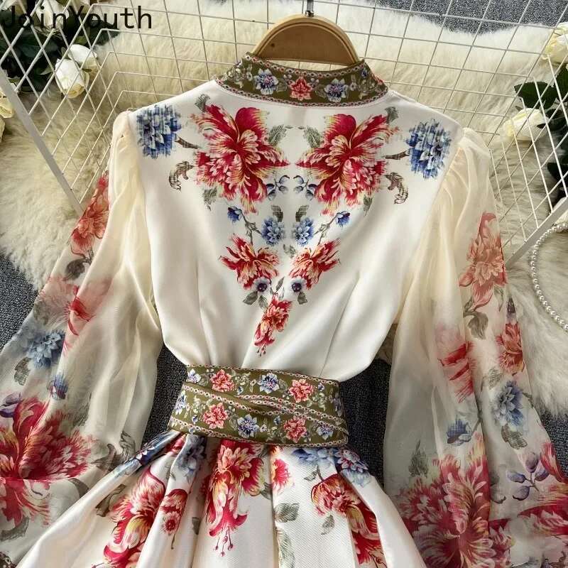 Floral Summer Dress Women Slim Waist Bandage Temperament Robe Femme 2025 Vestidos De Mujer Vintage Elegant Maxi Dresses 27w921