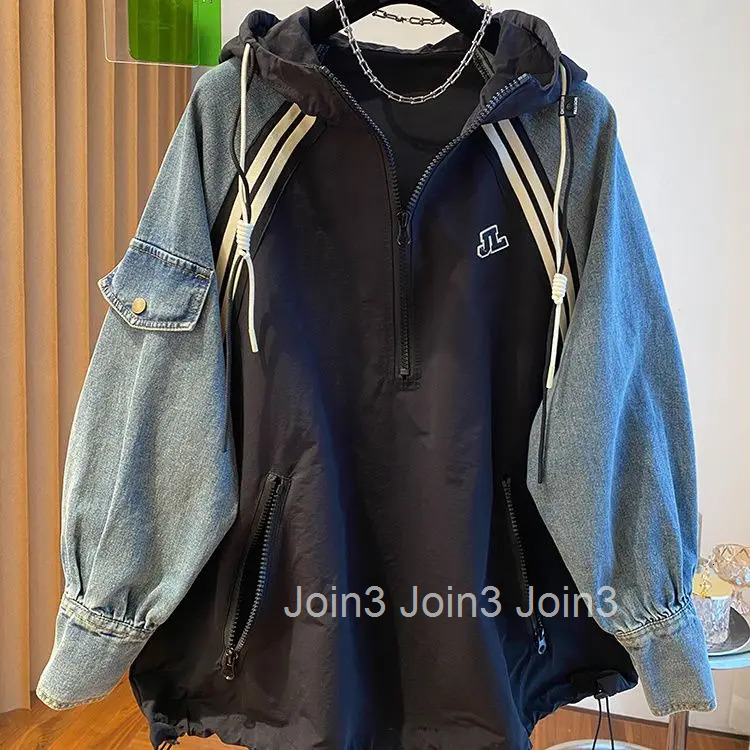 Oversized Sweatshirts for Women Patchwork Denim Streetwear Y2k Tops 2025 Ropa Mujer Hooded Contrast Color Vintage Hoodies 27u340