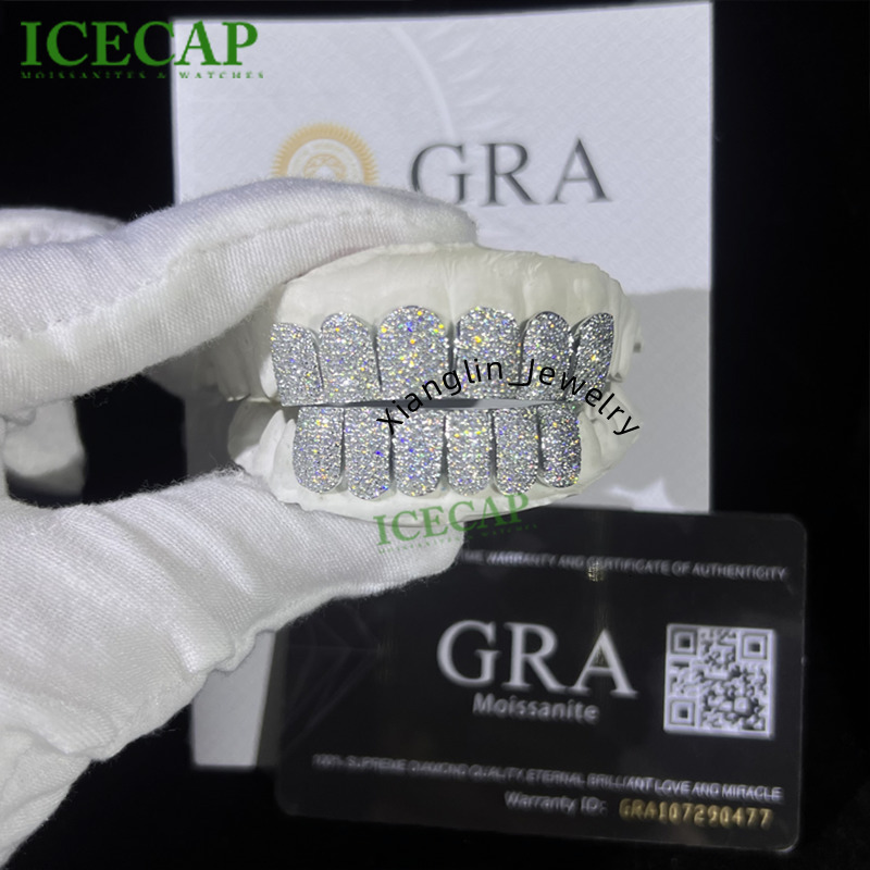 Custom 6on6 925 Sliver VVS Moissanite Diamond Grillz Iced Out White Gold Hip Hop Perm Cut Grillz Teeth Honeycomb Grillz for Men