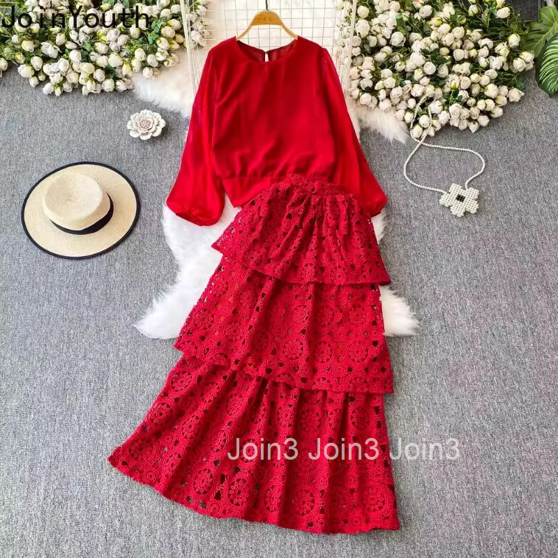 Two Piece Sets 2025 Women Clothing Slim Waist Puff Sleeve O-neck Tops A-line Lace Hollow Out Suit Fashion Summer Outfits 63e510