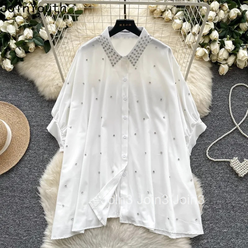 Loose Blouses Womens Clothing Short Sleeve Heavy Diamond Shirts 2025 Blusas Mujer De Moda Vintage Summer Korean Blouse Tops