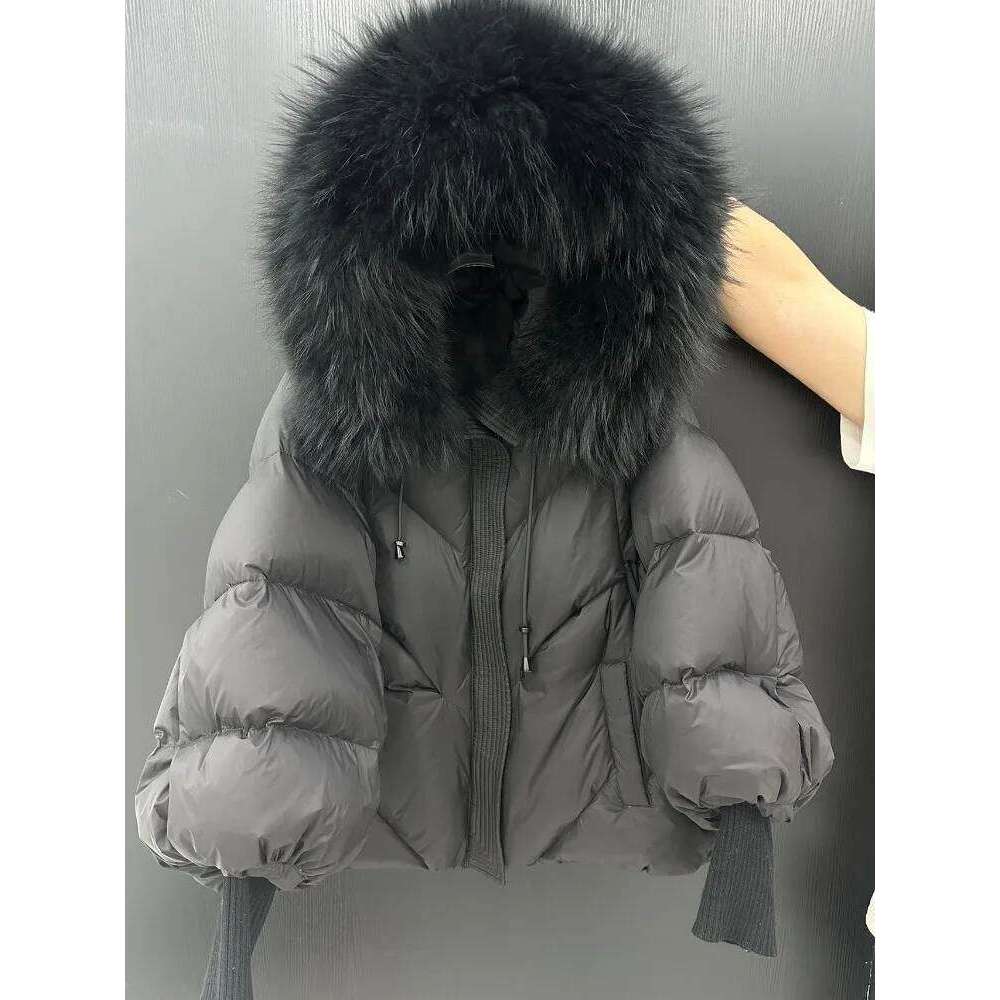 Designer Leisure High Quality OFTBUY 2025 New Winter Large Real Fur Hooded Puffer Jacket Women Thicken Warm Knitted Sleeve Coat White Duck Down Mid Lo