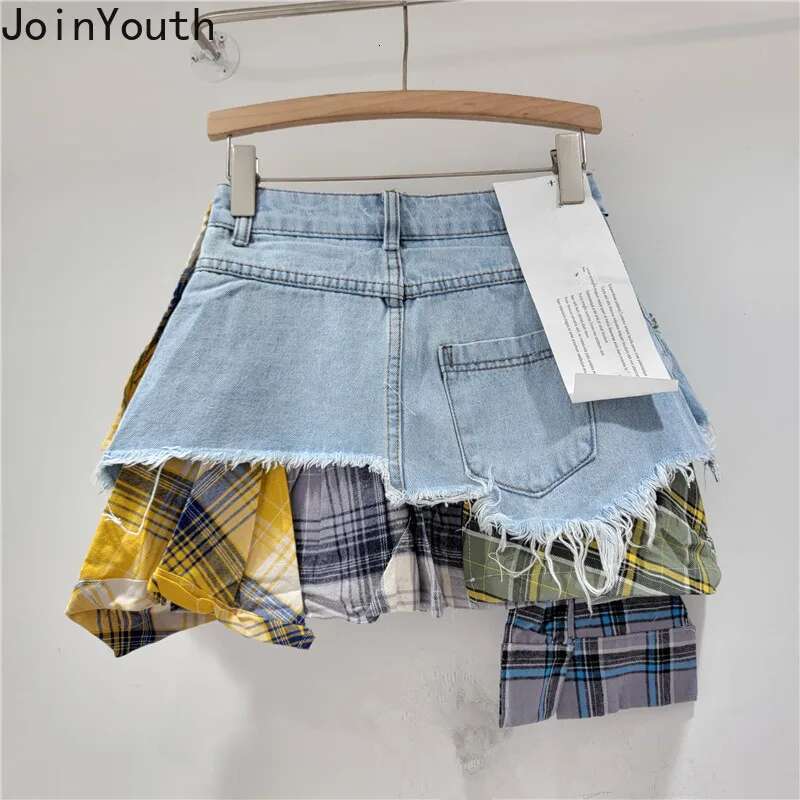 Y2k Skirts for Women 2025 Faldas Mujer De Moda High Waist Casual Chic Jupe Korean Summer Saia Patchwork Plaid Denim Mini Skirt