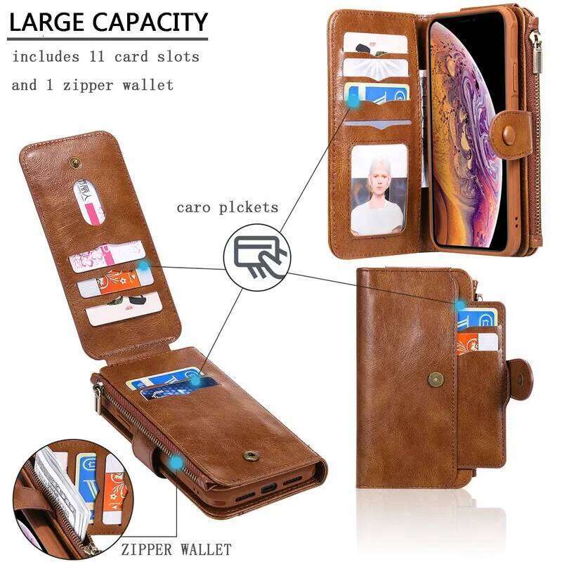Detachable Magnetic Flip Leather Case for iPhone X XS XR 11 12 13 14 15 16 Pro Max 16E SE 2022 8 7 Plus Zipper Wallet Card Cover
