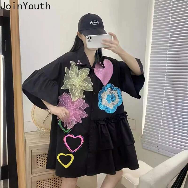 2025 Women Clothing White Blouses Fashion Heavy Sequin Floral Shirts Camisas De Mujer Fashion Casual Summer Loose Blouse Tops