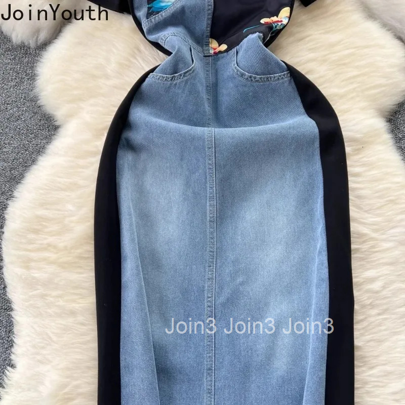 Summer Y2k Dresses for Womens O Neck Half Sleeve Casual Korean Femme Robe High Waist Slim Fit Patchwork Denim Fashion Dress