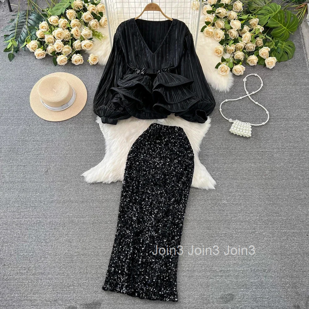 Fashion 2 Piece Sets Women Lantern Sleeve V-neck Ruffles Tops High Waist Bodycon Sequined Skirt Outfits Temperament Korean Suit