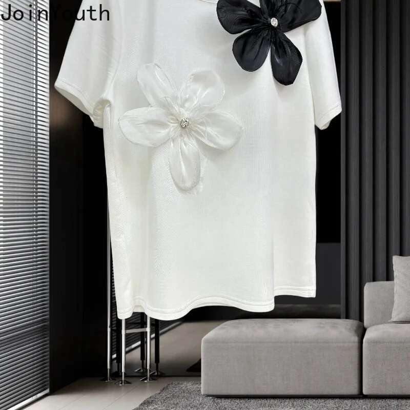 White Woman Tshirts Y2k Tops Short Sleeve O-neck Tees 2025 Ropa Mujer Casual Fashion Loose Camisetas 3D Floral Summer T-shirt
