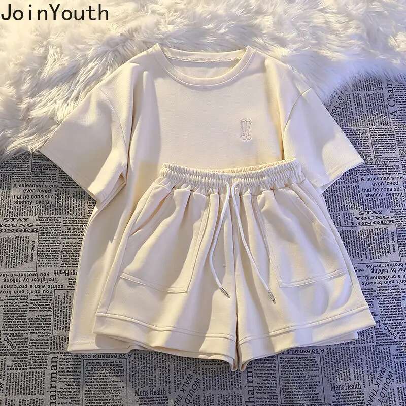 Women Two Piece Sets Summer Clothing Short Sleeve O-neck Oversized Tshirts Elastic Waist Pocket Shorts Suit Casual Chic Y2k Set