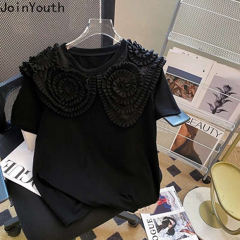 Sweet Woman Tshirts 3D Floral O-neck Short Sleeve White Tees Tops Mujer 2025 Shirts for Women Korean Fashion Y2k T-shirts 7f150