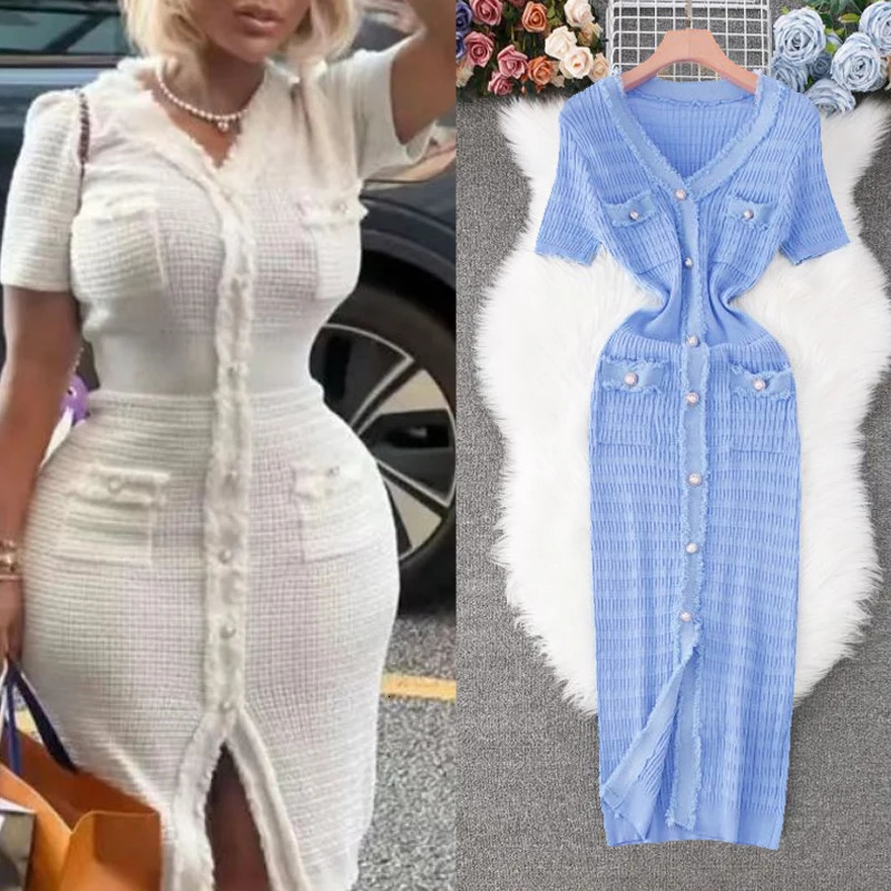 YuooMuoo 2025 Arrival Women Knitted Long Dress Elegant V-neck Single-breasted Split Sweater Dress Office Lady Dresses 250617