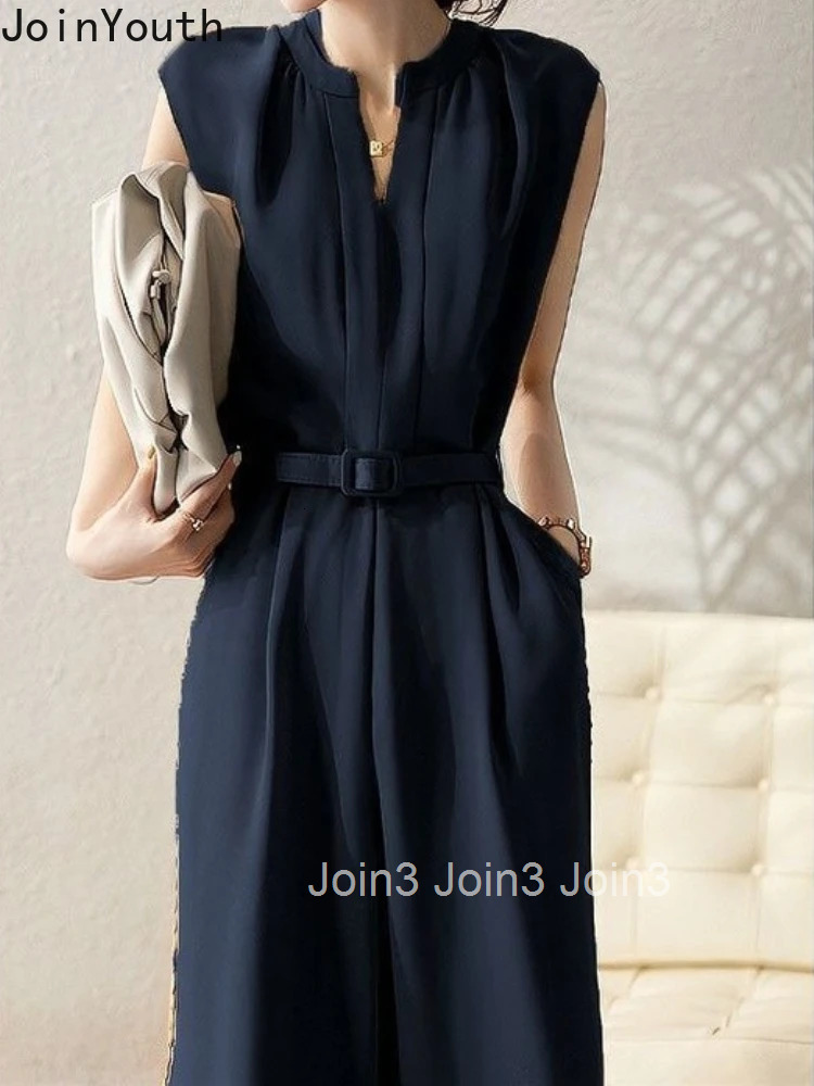 Summer Jumpsuit Fashion Elegant Wide Leg Pants Rompers Women Bodysuit Sashes Slim Waist V-neck Jump Suit Korean Vintage Playsuit