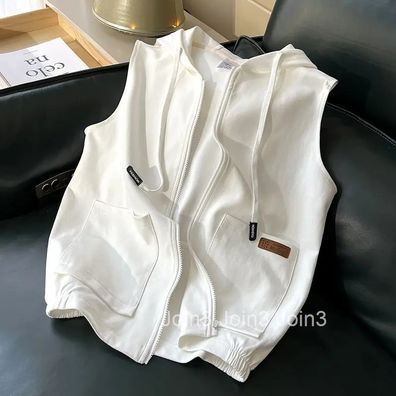 Hooded Vest for Women Fashion Sleeveless Zipper Waistcoat Y2k Clothing Korean Loose Pockets Casual Tanks Tops 2025 Ropa Mujer