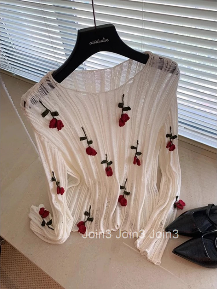 Korean Sueter Mujer Knit Thin Pullovers 2025 Women Clothing O-neck Long Sleeve Floral Pull Femme Embroidery Hollow Out Sweater
