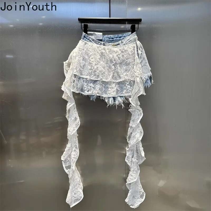 Y2k Shorts Women 2025 New Bottoms Patchwork Lace Summer Wide Leg Shorts Fashion Korean Denim Pants Pantalones Cortos De Mujer