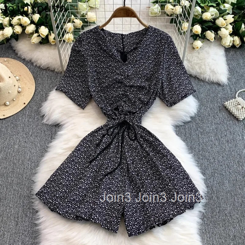 Floral Jumpsuit Womens Clothing Fashion Summer Playsuit Drawstring Slim Waist Temperament Wide Leg Shorts Rompers Ropa Mujer
