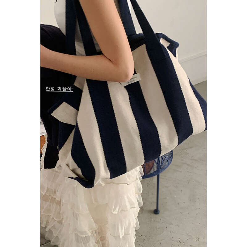 designer bag Korean Style Lazy Wind Underarm 2025 New Casual Striped Canvas Large Capacity Shoulder Shopping Bag