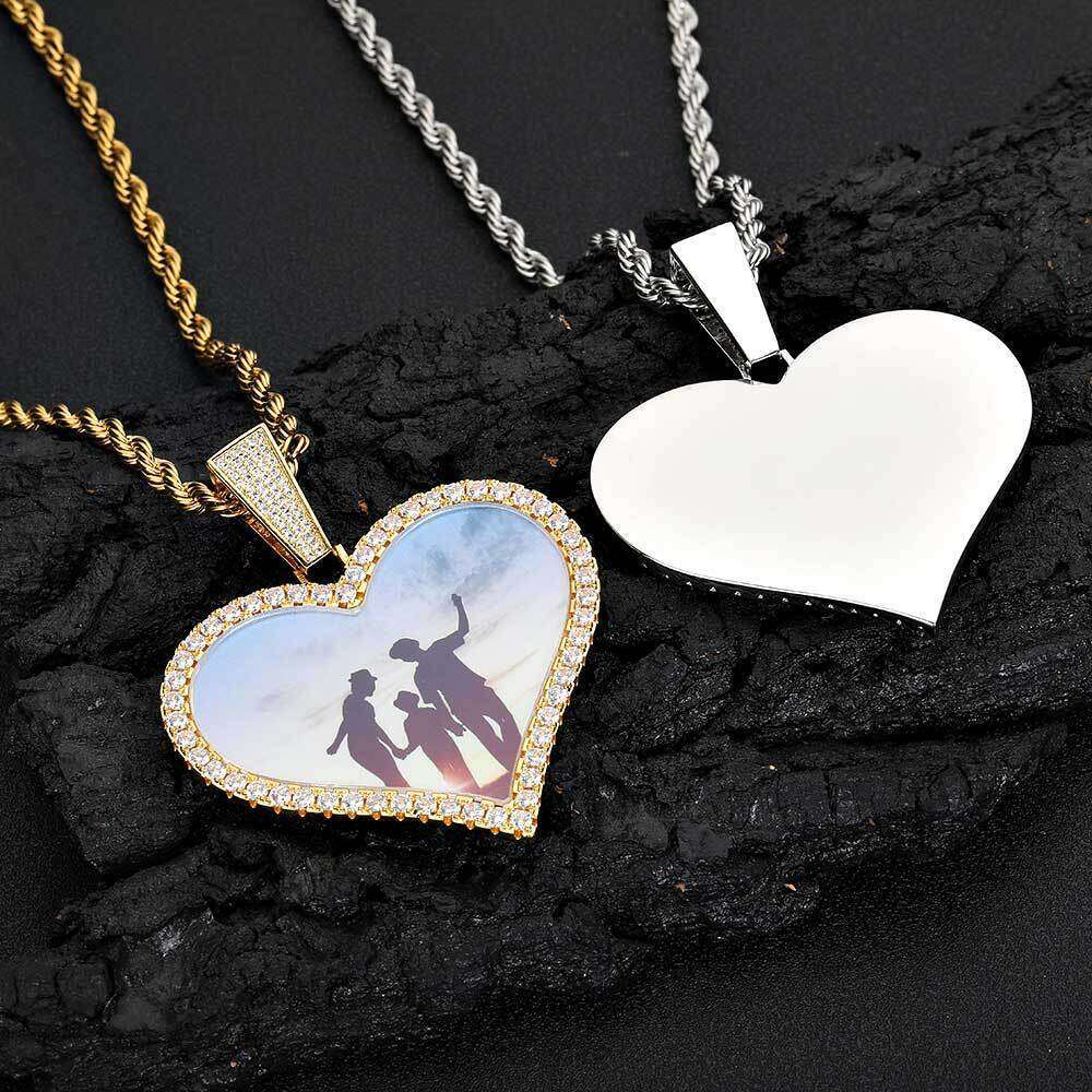 Hip Hop Jewelry Large Heart Photo Frame Pendant Trendy DIY Zircon Men's Necklace 54ee