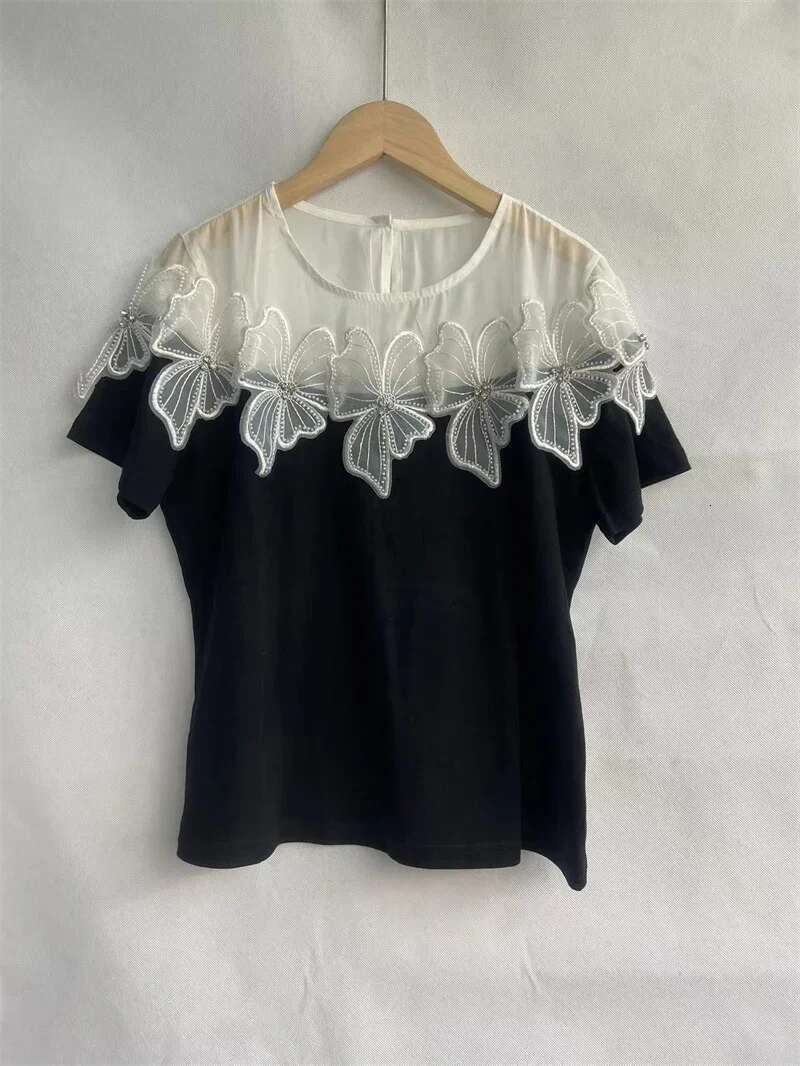 2025 Ropa Mujer Summer Tshirts for Women Elegant Blouses Short Sleeve Tees Patchwork Gauze Bead T Shirt Vintage Oversized Tops