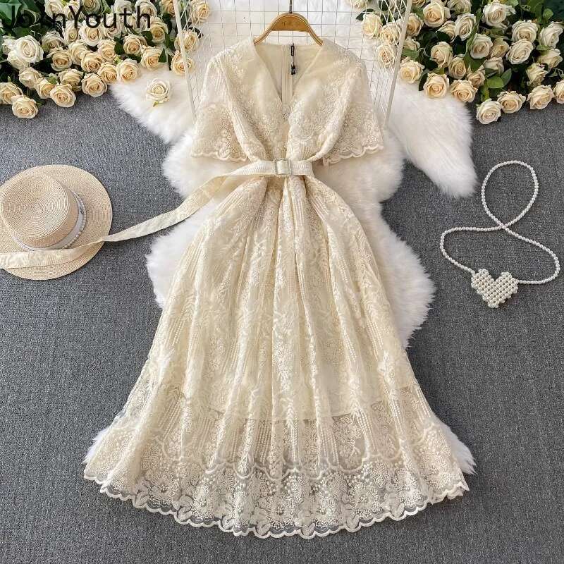 Temperament Robe Femme Summer Elegant Dresses for Women 2025 Vestidos De Mujer V-neck Short Sleeve Tunic Lace Beading Maxi Dress