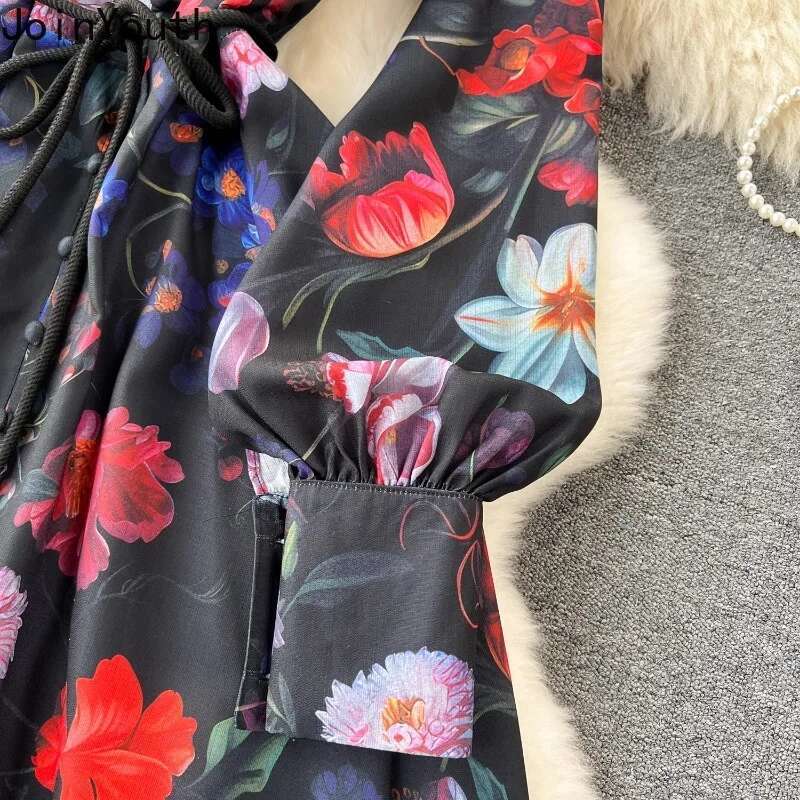 Maxi Dress Women Floral Single Breasted Big Swing Tunic Robe Femme Bandage Stand Vintage Summer Dresses 2025 Vestidos De Mujer