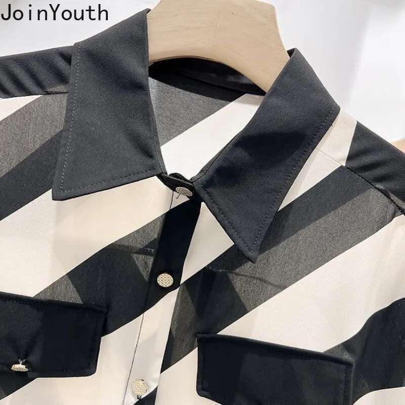 2025 Womenn Clothing Contrast Color Striped Shirts Camisas De Mujer Chiffon Summer Blouses Oversized Tops Vintage Blouse 63e234