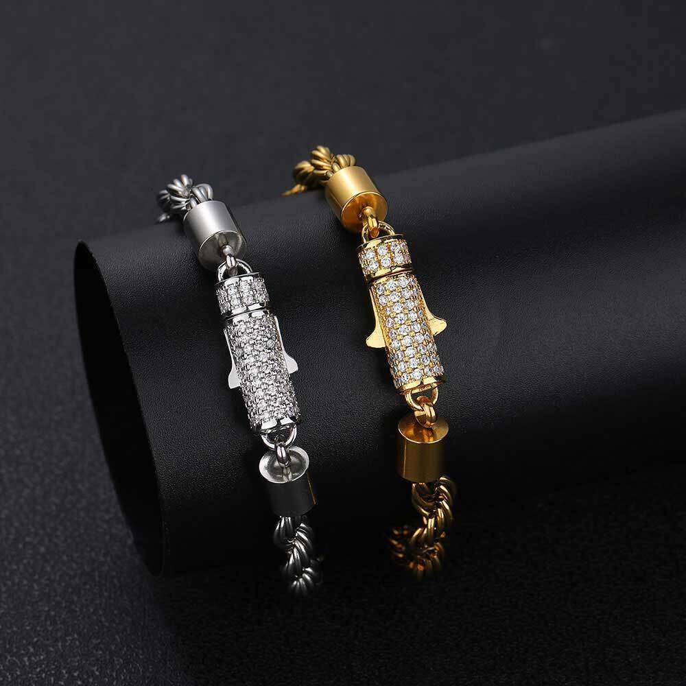6mm Stainless with Dia Buckle, Twist Chain Men's Necklace, Hip-Hop Jewelry, Titanium Steel Bracelet d10c