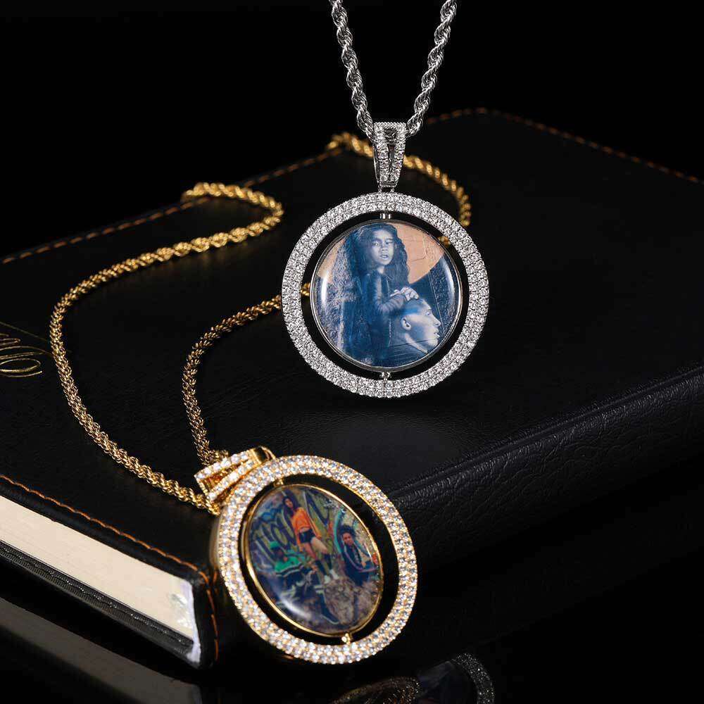 Memory Rotatable Large Double-Sided Round Photo Hip-Hop Pendant Micro-Paved Zircon Hollow Frame Necklace aa09