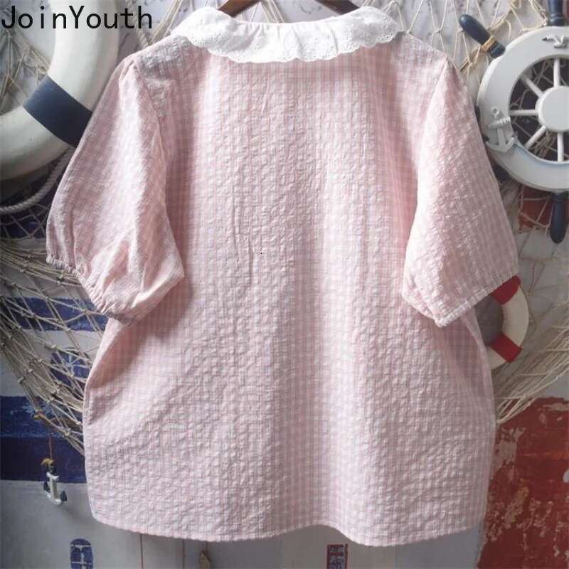 Japanese Blouses for Women Lace Peter Pan Collar Short Sleeve Shirts Loose Summer Bandage Plaid Blouse Tops Camisas De Mujer