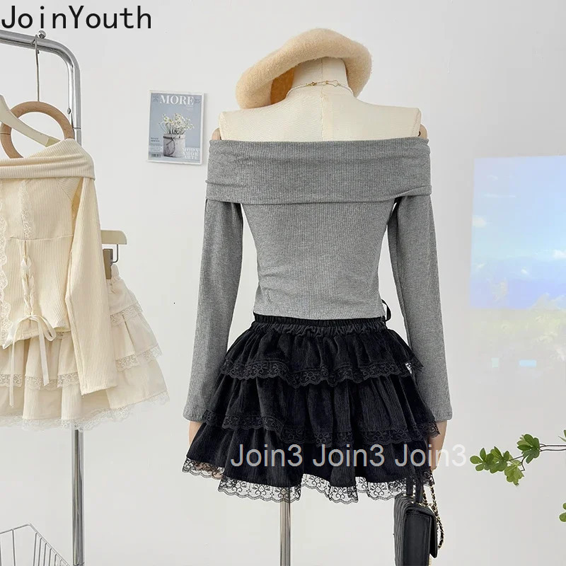 Skirt 2 Piece Sets Womens Outfits Roupas Femme Slash Neck Bandage Bow Tops Patchwork Lace A-line Mini Skirts Suit Chic Sweet Set