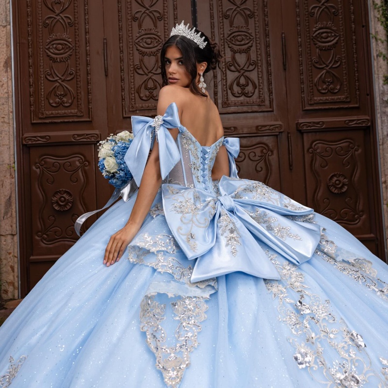 Sky Blue Shiny Quinceanera Dresses Ball Gown Off The Shoulder Applique Lace Beading Crystal Bow Tull Corset Sweet 16 Dress Vestidos 15 Anos