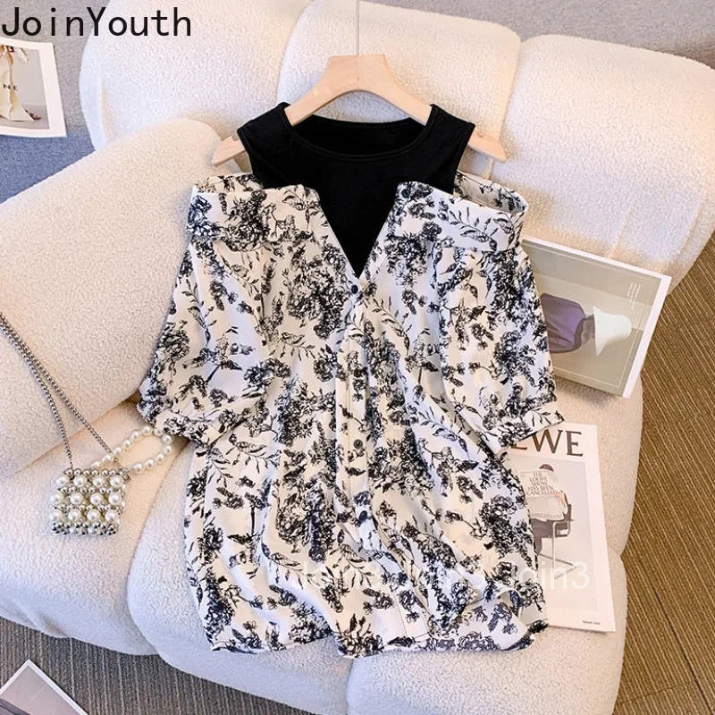 Fashion Two Piece Sets Women Outfits Patchwork Off Shoulder Oversized Shirt Wide Leg Pants Suit Casual Floral Korean Summer Set